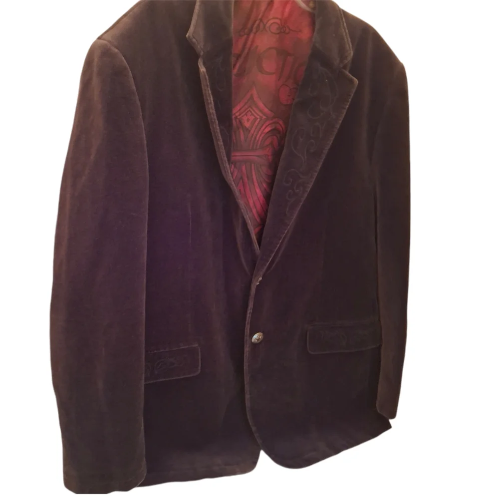Affliction Red Label Black Velvet Graphic  Cross Blazer Men Size XL 48-50 - Picture 3 of 12